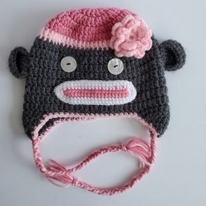 Sock Monkey handmade crocheted hat | pink and gray | newly made